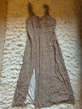 Brown Floral Maxi Dress with Front Slit